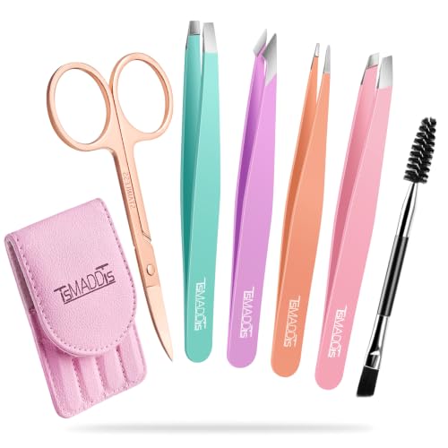 TsMADDTs 6 pcs Tweezers Set for Women, Eyebrow Tweezers with Curved Scissor for Ingrown Hair, Hair Plucking Daily Beauty Tools with Leather Travel Case