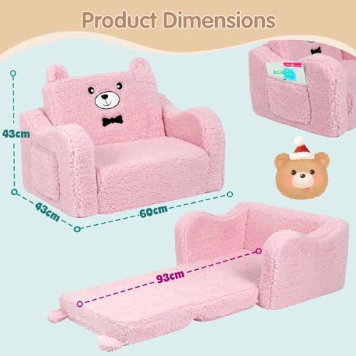 كرسي اريكة للاطفال 2 في 1 من واي اس او ايه اي، كرسي اطفال قطيفة ناعم قابل للطي، اريكة قابلة للتحويل الى كرسي استرخاء، اريكة اطفال مثالية عريضة للغاية، كراسي اطفال مريحة للبنات والاولاد (بينك)