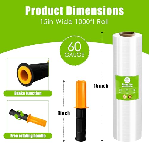 cosy family plastic wrap stretch film roll - 1000ft 60 gauge industrial strength 15 inch wide clear plastic wrap roll with handles for pallet wrapping shipping moving - clear pack of 1