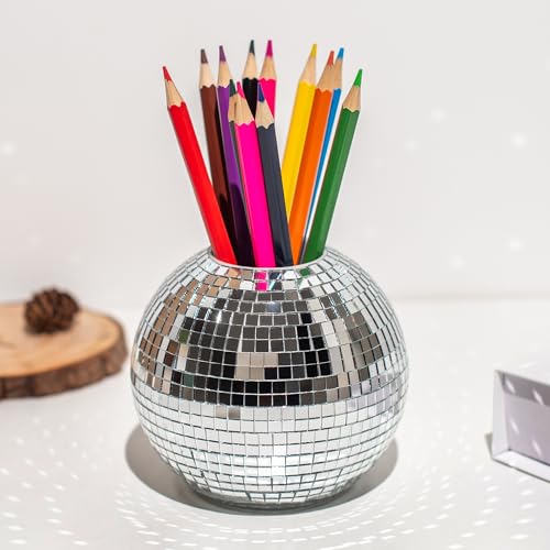 Pot à crayons boule disco argenté de 10 cm pour bureau et maquillage - 2