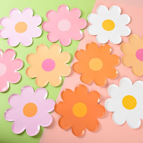 Image of 48Pcs Groovy Daisy Paper Plates Floral Shaped Scalloped Dinner Plates