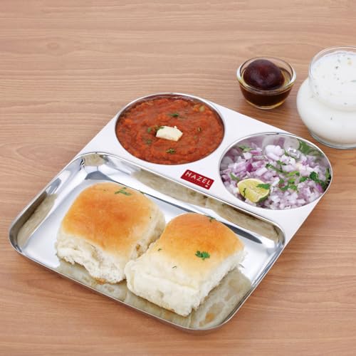 Image of HAZEL Stainless Steel 3 Compartment Plate | Section Thali for Kids & Adults | Rimless Divided Pav Bhaji Tray for Meals & Portion Control