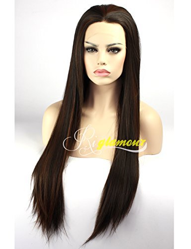 Riglamour Dark Brown Wig with Highlights Half Hand Tied Lace Front Heat Resistant 100% Fiber Synthetic Hair Wigs for Women Straight Long #4/#30