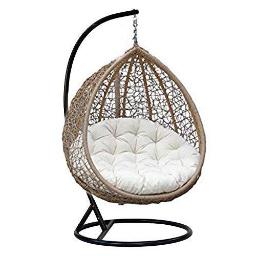 Hanging Swing Chair with Stand and Cushions Hammock jhula Single Seater Iron and Rattan Wicker for Patio Garden Outdoor Indoor Balcony Furniture Set (White Green) (Black White)