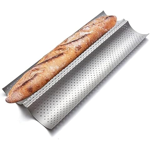 KITESSENSU Nonstick Baguette Pans for French Bread Baking, Perforated 2 Loaves Baguettes Bakery Tray, 15" x 6.3", Silver Cover