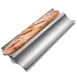 KITESSENSU Nonstick Baguette Pans for French Bread Baking, Perforated 2 Loaves Baguettes Bakery Tray, 15″ x 6.3″, Silver
