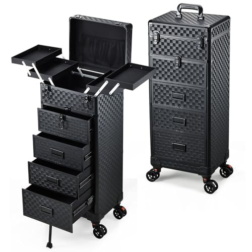 Stagiant Rolling Makeup Case with Drawers Cosmetology Case on Wheels 5 IN 1 Makeup Case 4 Drawers with Foot Stand Spring-release Mechanism Rolling Make Up Organizer for Artist Salon Nail Teach Trunk