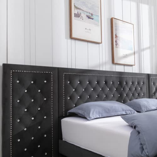 Zafly Upholstered California King Size Bed Frame With Oversized Crystal Button Tufted Headboard,Velvet Platform Damazy Eastern Bed,Wooden Slats Support,No Box Spring Needed,Easy Assembly,Dark Grey #TOP5