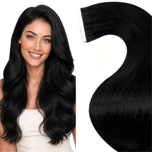 Image of LaaVoo Tape in Hair Extensions Black Hair Extensions Tape in Human Hair Seamless Tape on Hair Extension Real Human Hair Soft Hair 26inch 65g 20pcs
