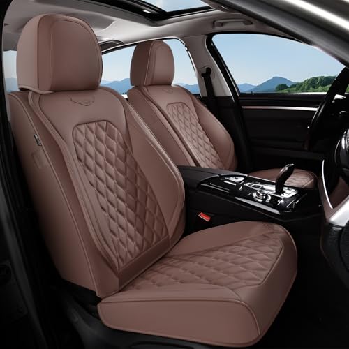Image of Coverado Front Seat Covers, Luxury Faux Leather Durable Anti-Scratch Cushions, Universal Fit for Cars, SUVs, Pickups, Waterproof Automotive Seat Covers, Car Accessories - Brown