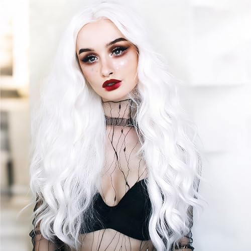 Image of S-noilite White Wig for Women 27 inch Long Curly Wavy Middle Part Wig Seamless Hairline Heat Safe Synthetic Hair Colorful Anime Cosplay Halloween Costume Party Wig