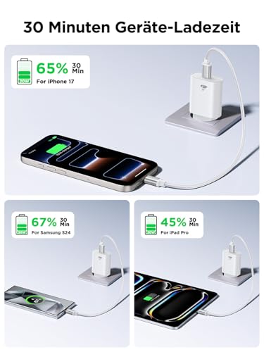 USB C Ladegerät, 2 Pack 20W USB-C Charger, iPhone Ladegerät USBC Adapter Stecker Handy ladegeräte PD 3.0, Schnellladegerät USBC Netzteil für iPhone 17/16/15/14, Netzstecker Ladestecker für Samsung