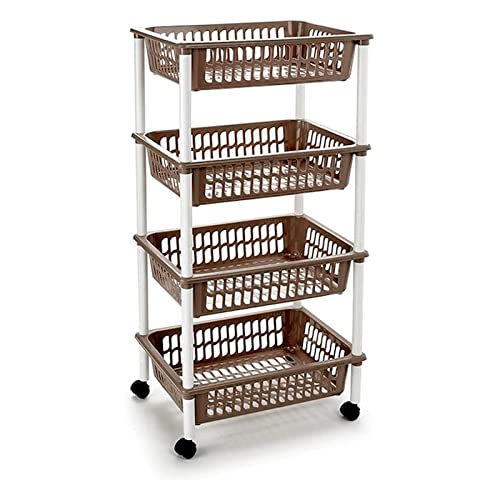 Acan Tradineur - Carrito verdulero Modelo PLFT de plástico con 4 Niveles y Ruedas, cestas apilables portaobjetos, Frutas, Verduras, Cocina, baño (Marrón Topo - 85 x 40 x 30 cm)