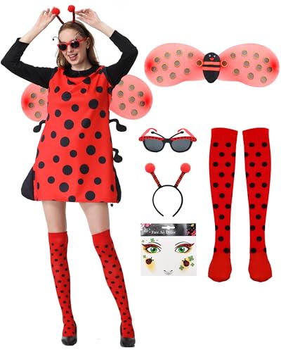 KUKIKUKI Marienkäfer kostüm für Damen Faschings Kostüme mit Flügeln, Beinärmel und Haarreif für Erwachsene Karneval (L)