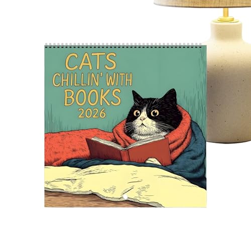 Calendario 2026 con gatto che legge il 2026, divertente planner mensile con illustrazione di gattini, strumento di pianificazione familiare per frigorifero, da appendere a parete per 12