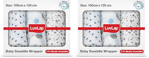 Image of LuvLap 100% Cotton Muslin Baby Swaddle Set, Baby Towel, Size-120cm x 100cm (47 inchx39 inch), Stars Printed on White, 0-18 Month+, Printed Mulmal Muslin Swaddle Wrap for New Born, Pack of 6
