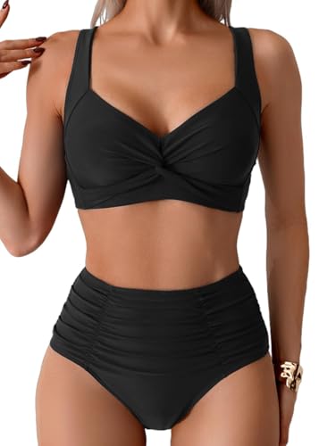Sangdut Damen Badeanzüge Bikini Set, Sexy Bauchweg Lace Up Badeanzug Zweiteiliger Bauchweg Bademode Swimsuit für Damen(Schwarz,L)