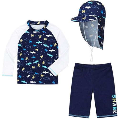 JELEUON Boys 3 Pcs Rash Guard Swimsuits Swim Shirts Quick Dry Swim Trunks and Swim Shirt Hat Bathing Suits Blue