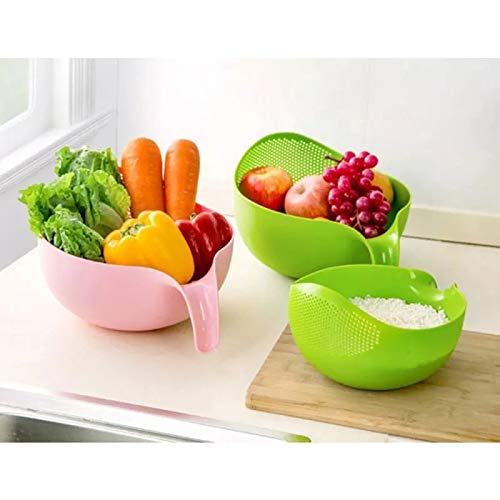 Rice Washing Filter Strainer Basket Colander Sieve Fruit Vegetable Bowl Drainer Cleaning Tools Home Kitchen Kit (L, green)