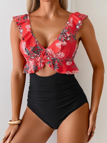 Image of Eomenie One Piece Swimsuit for Women Tummy Control Ruffle Bathing Suit V Neck Ruched Swim Suit Slimming Cutout Swimwear