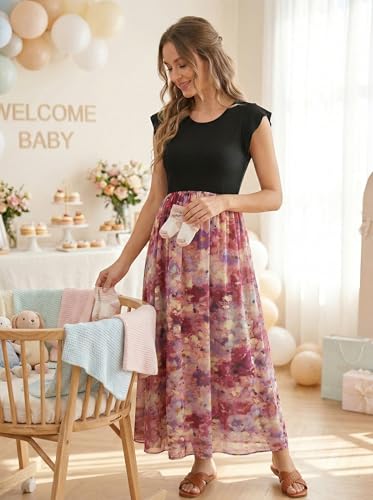 Image of OUGES Women's Maternity Dress Summer Ruffle Sleeve Patchwork Casual Flowy Maxi Dresses with Pockets