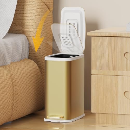 Image of KdbK Champagne Gold Bathroom Trash Can with Lid Soft Close,1.6 Gallon Slim Garbage can,Small Metal Step Wastebasket for Office, Bedroom, Toilet, Live Room