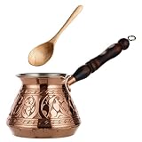 DEMMEX Thickest Copper Turkish Greek Arabic Coffee Pot, Stovetop Coffee Maker, Cezve Ibrik Briki with Wooden Handle & Spoon, Hand Engraved
