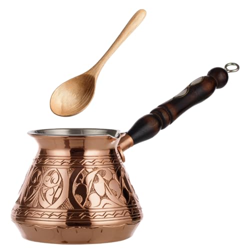 DEMMEX Thickest Copper Turkish Greek Arabic Coffee Pot, Stovetop Coffee Maker, Cezve Ibrik Briki with Wooden Handle & Spoon, Hand Engraved