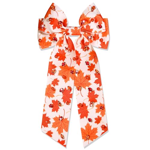 Fall Thanksgiving Hair Bows for Women Maple Leaf Pumpkin Turkey Hair Bow Clips Jeweled Silky Satin Orange Hair Ribbons Thanksgiving Fall Accessories Costume Outfits Party Favors (Pattern C3)
