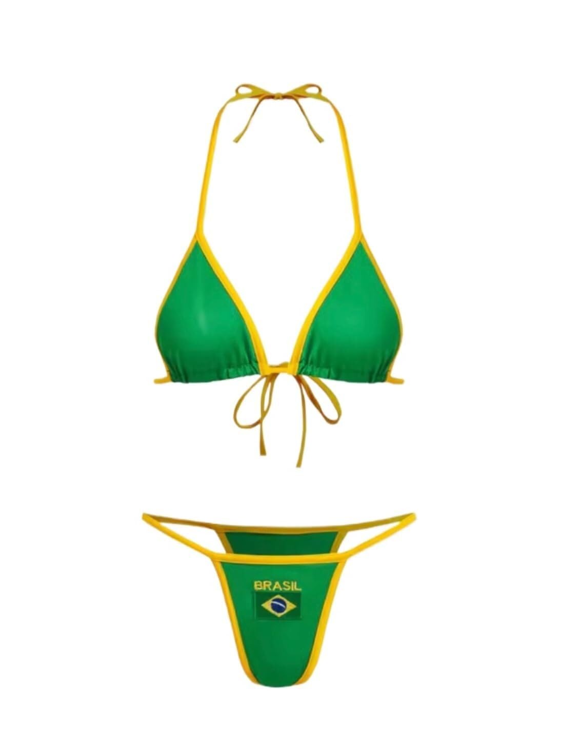 Women Brazil Mexico Jersey Y2K Bikinis Swimsuit Set Sexy Swimwear Halter String Triangle Bikini Sets(Brazil Green,Large)