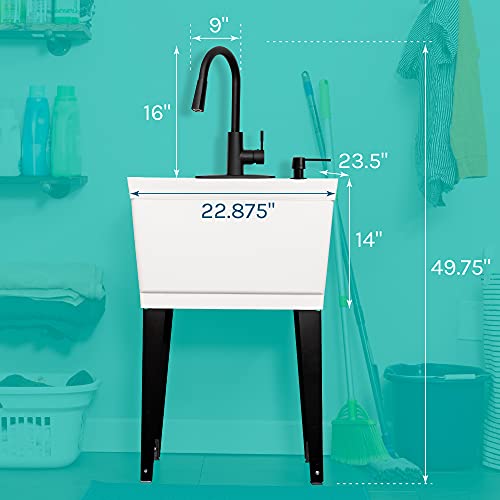 Image of VETTA White Utility Sink Laundry Tub With High Arc Black Kitchen Faucet By VETTA - Pull Down Sprayer Spout, Heavy Duty Slop Sinks For Washing Room, Basement, Garage, or Shop, Free Standing Tubs