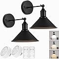 Vintage Black Wireless Battery Operated Wall Sconces, Cordless LED Wall Lights Set of 2 with Remote Control, for Bedroom, Farmhouse, Gallery - Easy Setup, Adjustable Brightness, Long-Lasting Battery