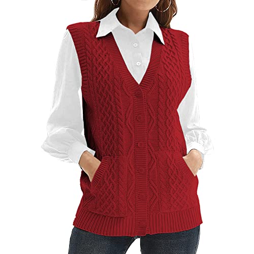 Womens’Knit Sweater Vest V Neck Sleeveless Cardigan Button Down Sweater Pocket Outwear Tops