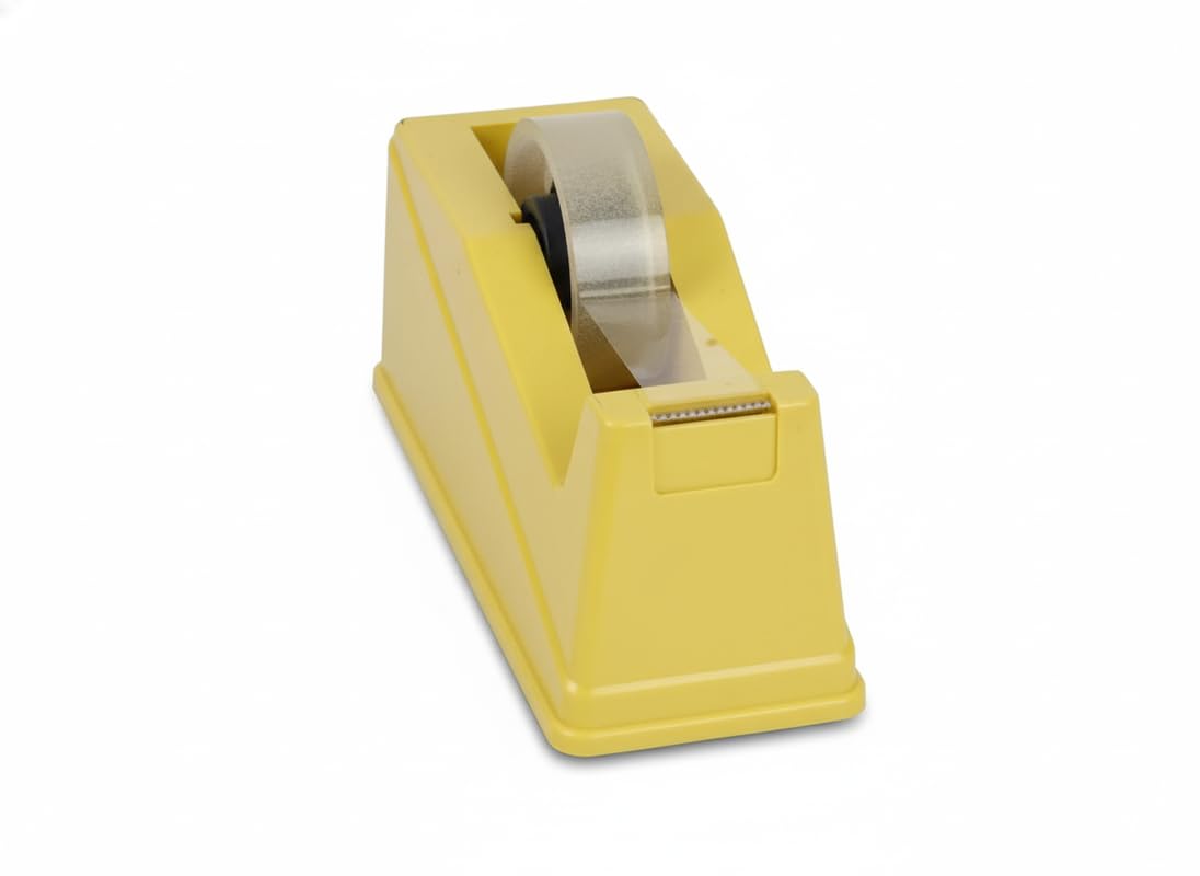 Tape Dispenser Heavy Duty 1 Inch | Durable Stationery Tape Cutter with Rubber Base | Stable & Non-Slip Tape Holder | Built-in Paper Cutter | for Office, Home, Packaging & Craft Use | Light Yellow 4