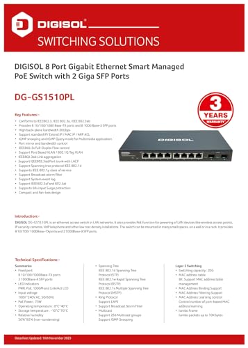 Image of DIGISOL 8 Port Gigabit Ethernet Smart Managed PoE Switch with 2 Giga SFP Ports DG-GS1510PL
