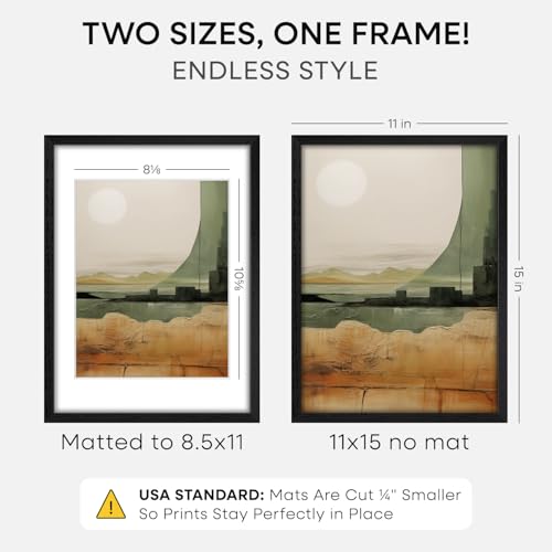 Image of Homeforia 11x15 Black Oak Picture Frame, High-End Wood, 8.5x11 Mat, Glass | High End Solid Oak Wood, Tempered Glass, Acid-Free 8.5x11 Removable Mat, 11x15 Edge-to-Edge Display 15x11, Wall Kit, Set Of 2