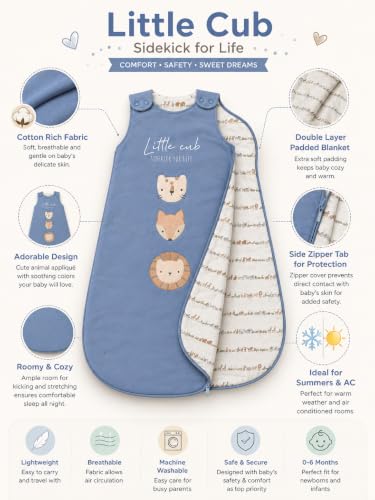 Image of TuddyBuddy Baby Cotton Wearable Quilted Sleeping Bag Blanket 1.5 Tog with 2 Way Zipper Closure | Ideal for Babies & Kids Hypoallergenic Fabrics | (Little Cub - Smokey Blue, 0-6 Months)