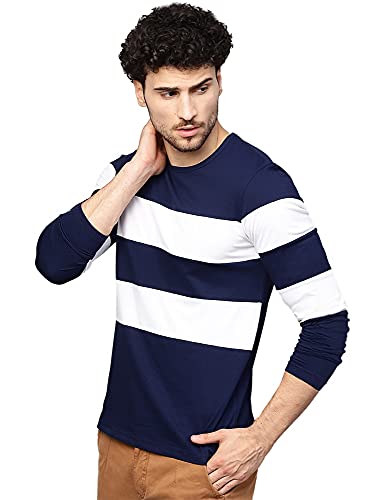 Image of EYEBOGLER Men's Striped Regular fit T-Shirt (T5 Navy Blue White S)