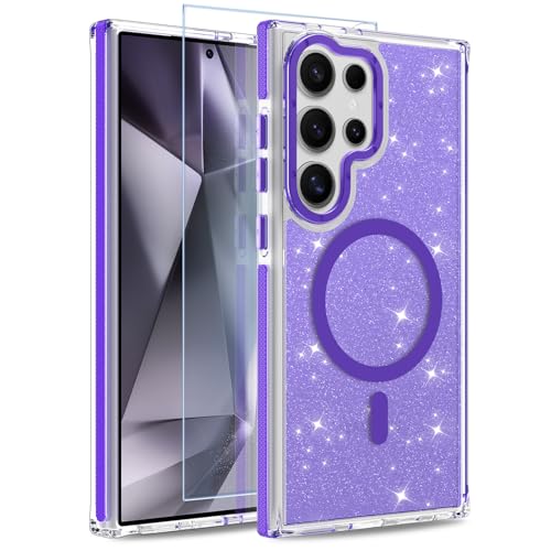 Image of Magnetic Case for Samsung Galaxy S24 Ultra [Compatible with Magsafe] [Bling Glitter Fluorescent Design] [1 Screen Protector] Slim Translucent Matte Case for Galaxy S24 Ultra 6.8 inch, Purple