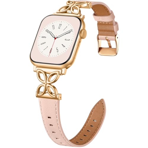 SNBLK Slim Leather Band Compatible with Apple Watch Bands for Women 40mm 41mm 42mm 44mm 46mm 49mm 38mm 45mm, Top Grain Leather Floral Dressy Thin Strap for iWatch SE Series 11 10 9 8 7 6 5 4