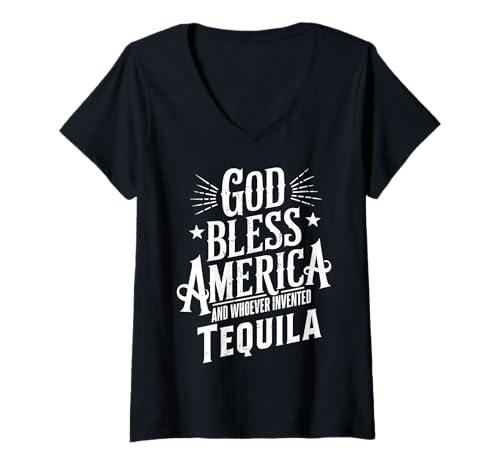 Donna God Bless America And Tequila Citazioni Divertenti per Bere Meme Maglietta con Collo a V