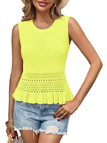 Image of Saodimallsu Womens Crochet Tank Top Sweater Vest | Sleeveless,Crew Neck,Pullover Top, Ruffle,Boho,Knit,Beach Vacation Outfits