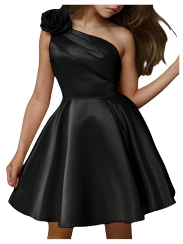 Floerns Girl's Elegant Short Dress 3D Floral One Shoulder Birthday Prom Dresses
