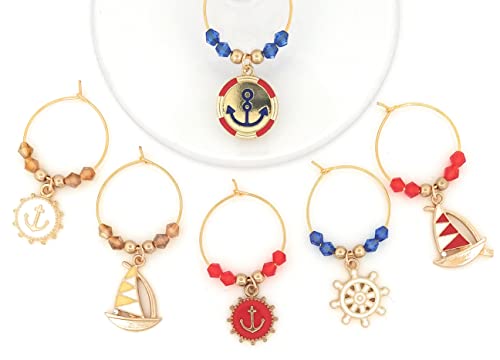 Nautical Wine Charms For Memorial Day Wine Charms And Independence Day Wine Charms - Glass Tag Identifiers, Nautical Party Supply Glass Markers - Anchor, Boat - 6 Wine Charms #TOP2