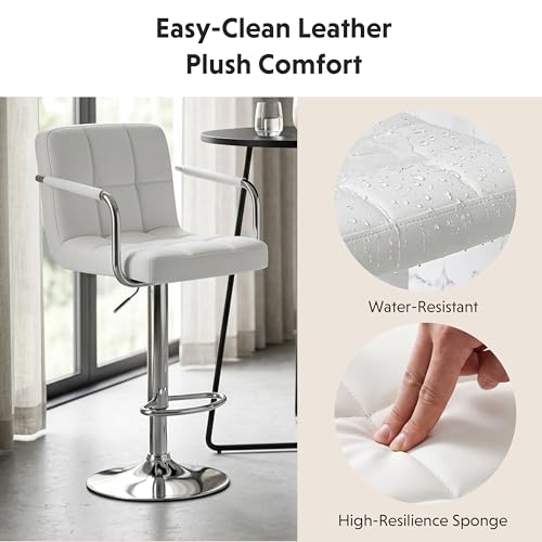 Image of HealSmart Bar Stools Set of 2, Adjustable Swivel Bar Chairs with Cushioned Armrests & Ergonomic Backrest, Water-Resistant PU Leather for Kitchen Island Counter Pub Dining Room, White