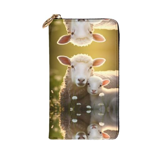 Leather Wallet 7.48 x 4.13 in - Stylish and Durable Wallet for Women with Multiple Compartments and Zipper Design cute sheep with mother Pattern2