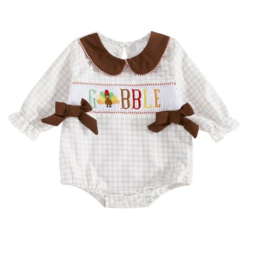 Infant Newborn Baby Girl Thanksgiving Outfit Turkey Gobble Smocked Bubble Romper Long Sleeve Plaid Bodysuit Clothes