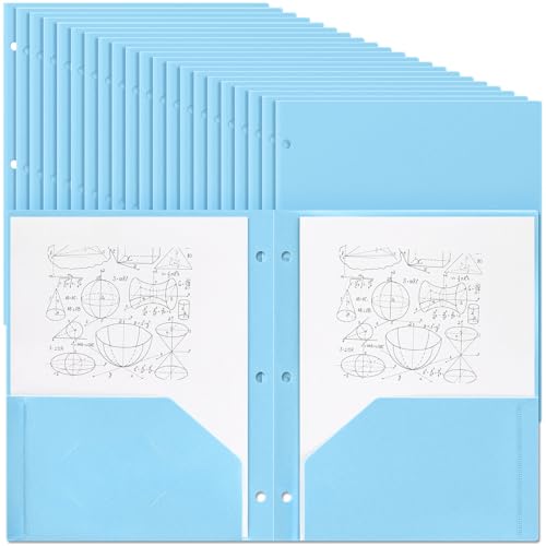 Yeaqee 100 Pcs Plastic Folders with Pockets Bulk 3 Hole Punched 2 Pocket File Folders for 3 Ring Binder Divider Folder for Notebooks, Durable Poly for Office Home (Light Blue)