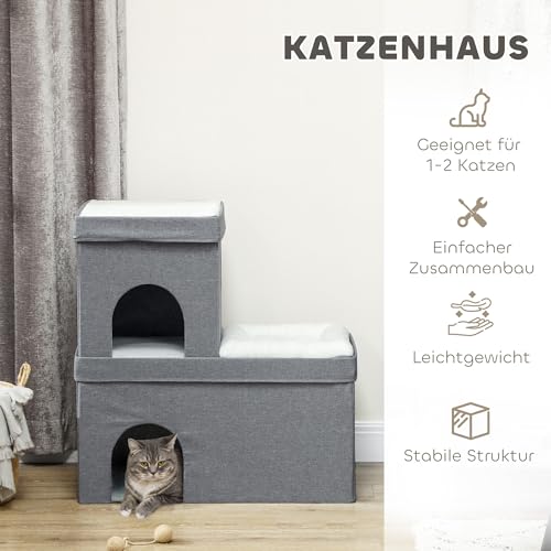 PawHut Katzenhöhle Katzenhütte, Katzenhaus mit 3 Ebenen, Katzenbett mit Kissen, Hundehaus für Katzen bis 5 kg, 74 x 37,5 x 78,5 cm, Grau