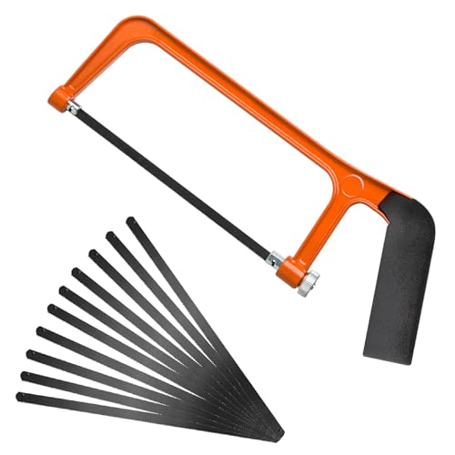 Professional Hacksaw, Small Handheld Hack Saw, Junior Hacksaw, Mini Bow Saw with 10 Replacement Carbon Steel Hacksaw Blades Adjustable Angle Cutting Saw for Wood,Soft Metals,PVC Pipes,Plastics